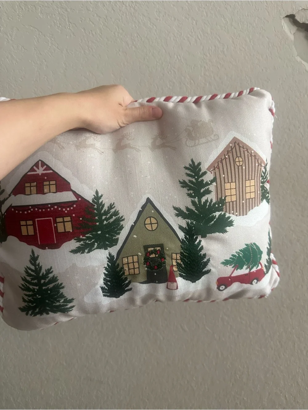 Holiday Velvet Red Decorative Pillow with Twisted White Trim